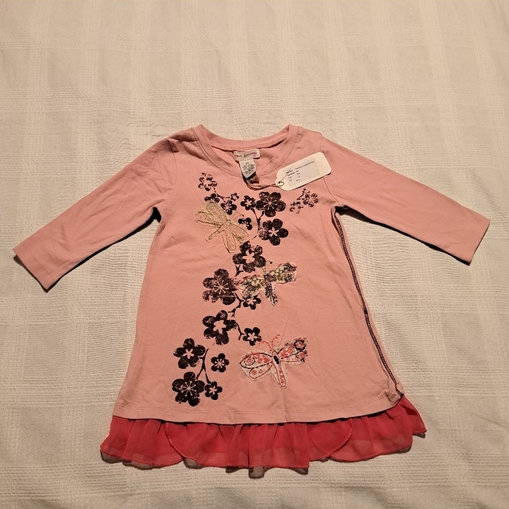 Mimi & Maggie girls size 2T pink dress with dragonfly applique, tulle trim, New